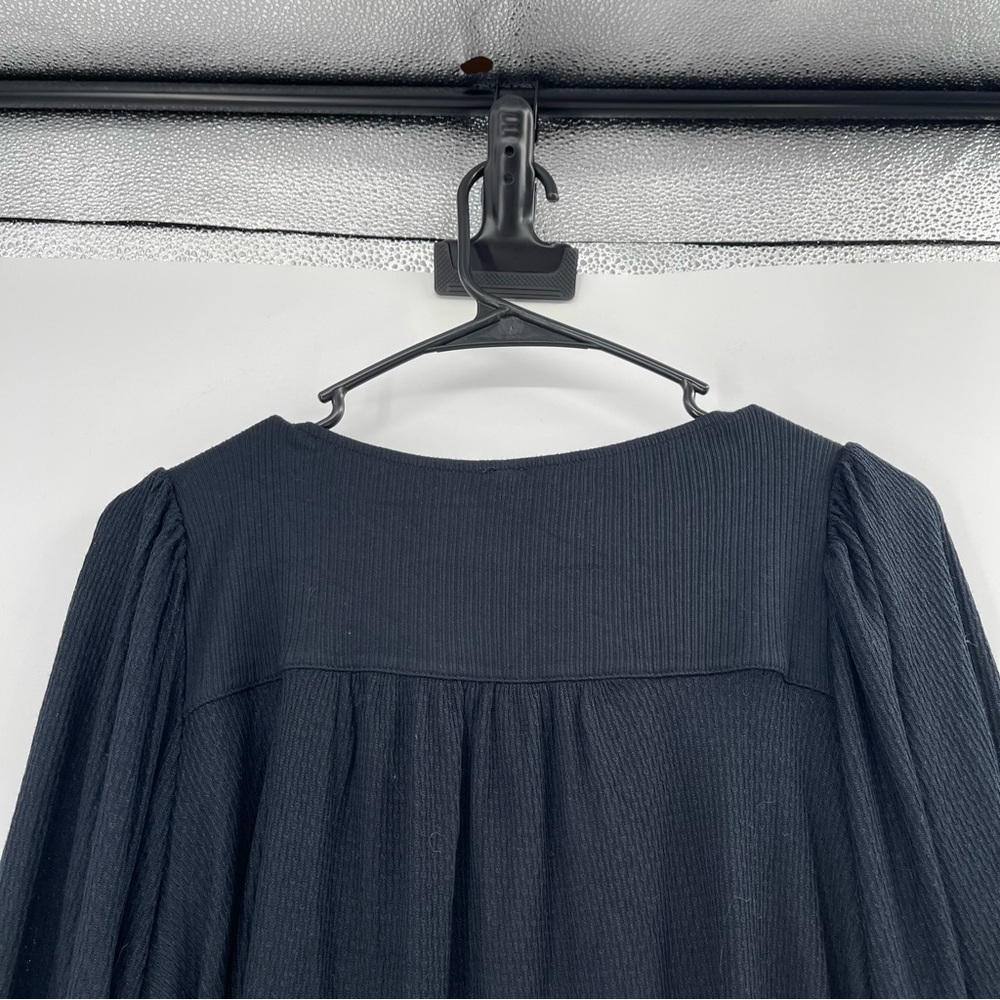 Free People Devin Black Balloon Sleeve Henley Oversized Textured Knit Top - Picture 10 of 13